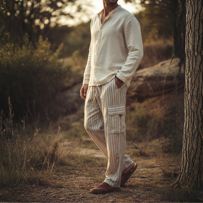 Men Stripes Wide Leg Hippie Multicolour Boho Festival Cargo Trousers, Casual Combat Pants