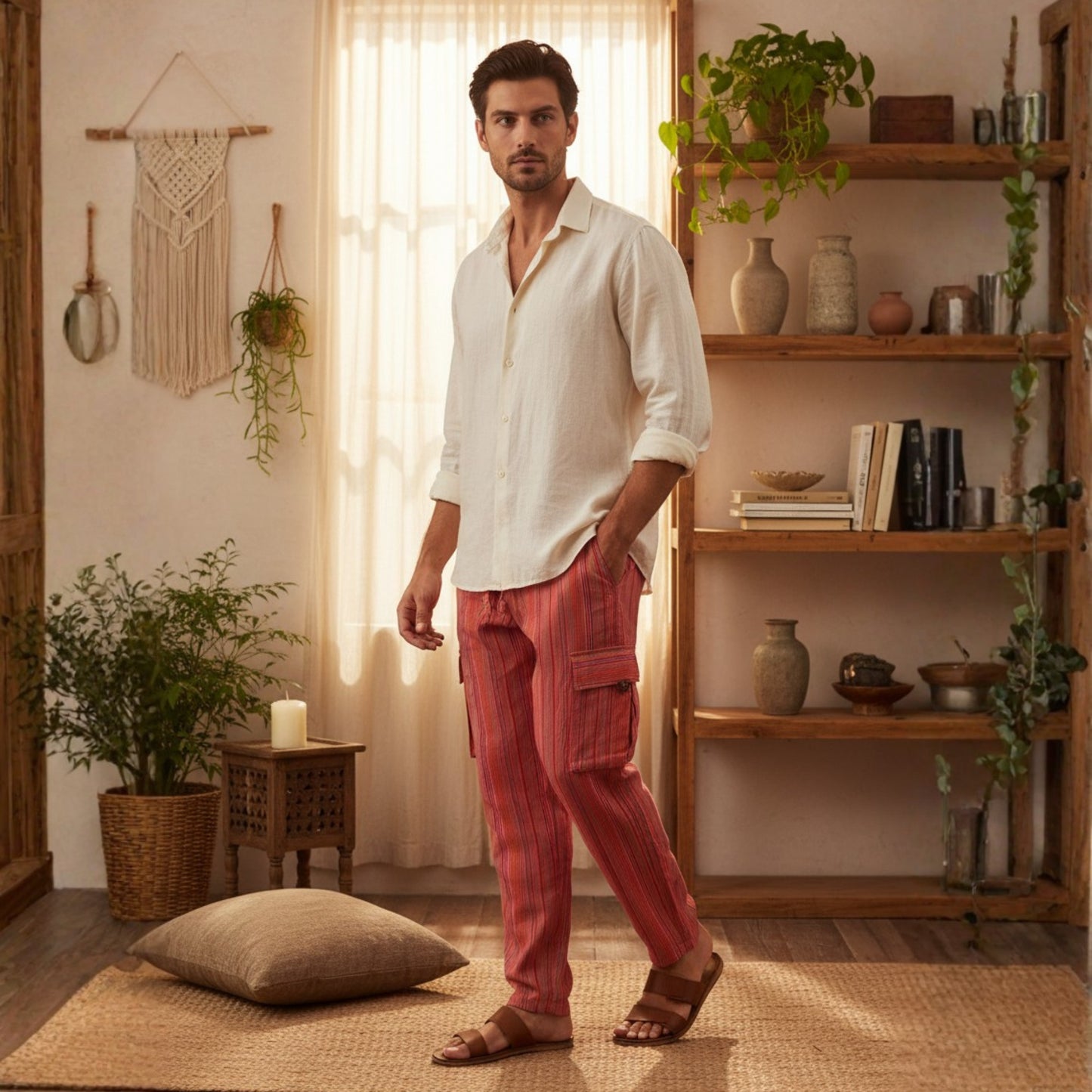 Men Stripes Wide Leg Hippie Multicolour Boho Festival Cargo Trousers, Casual Combat Pants