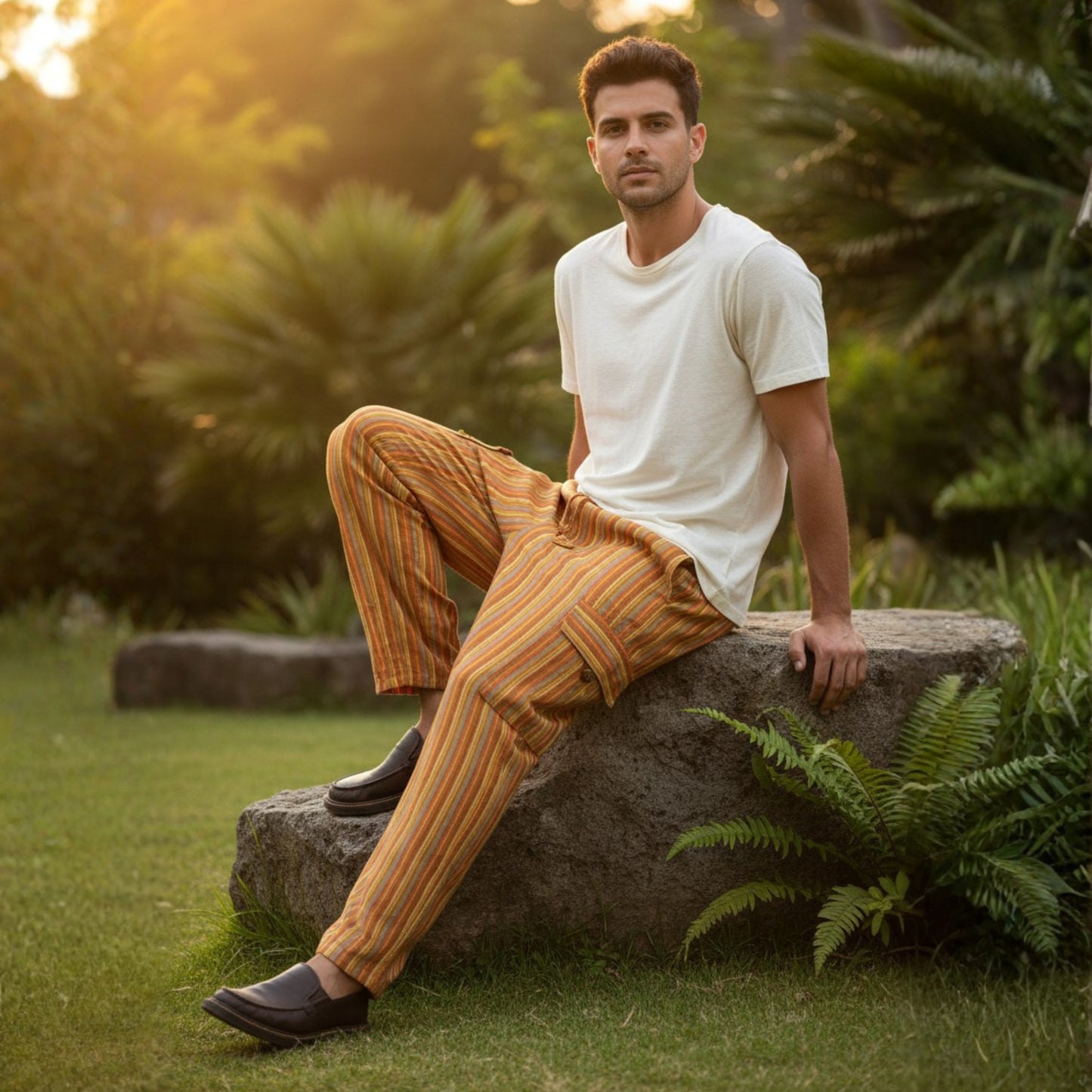 Men Stripes Wide Leg Hippie Multicolour Boho Festival Cargo Trousers, Casual Combat Pants