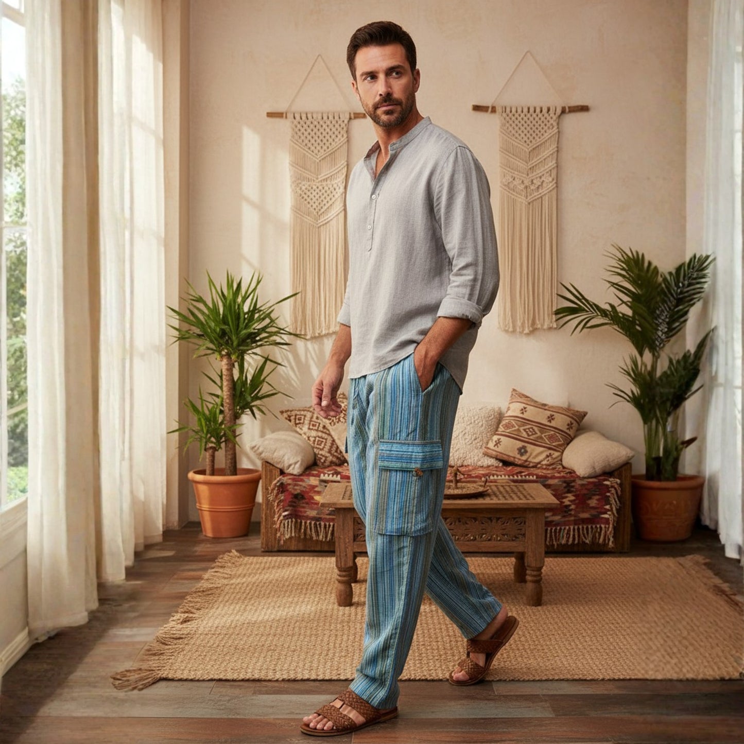 Men Stripes Wide Leg Hippie Multicolour Boho Festival Cargo Trousers, Casual Combat Pants