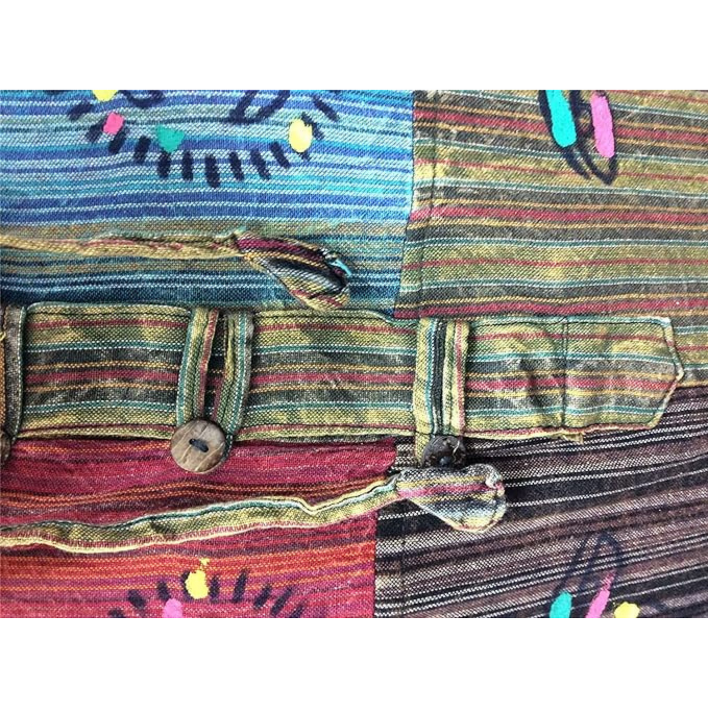 MEN STONEWASHED STRIPE PATCHWORK HIPPY HOODED GRANDAD SHIRT