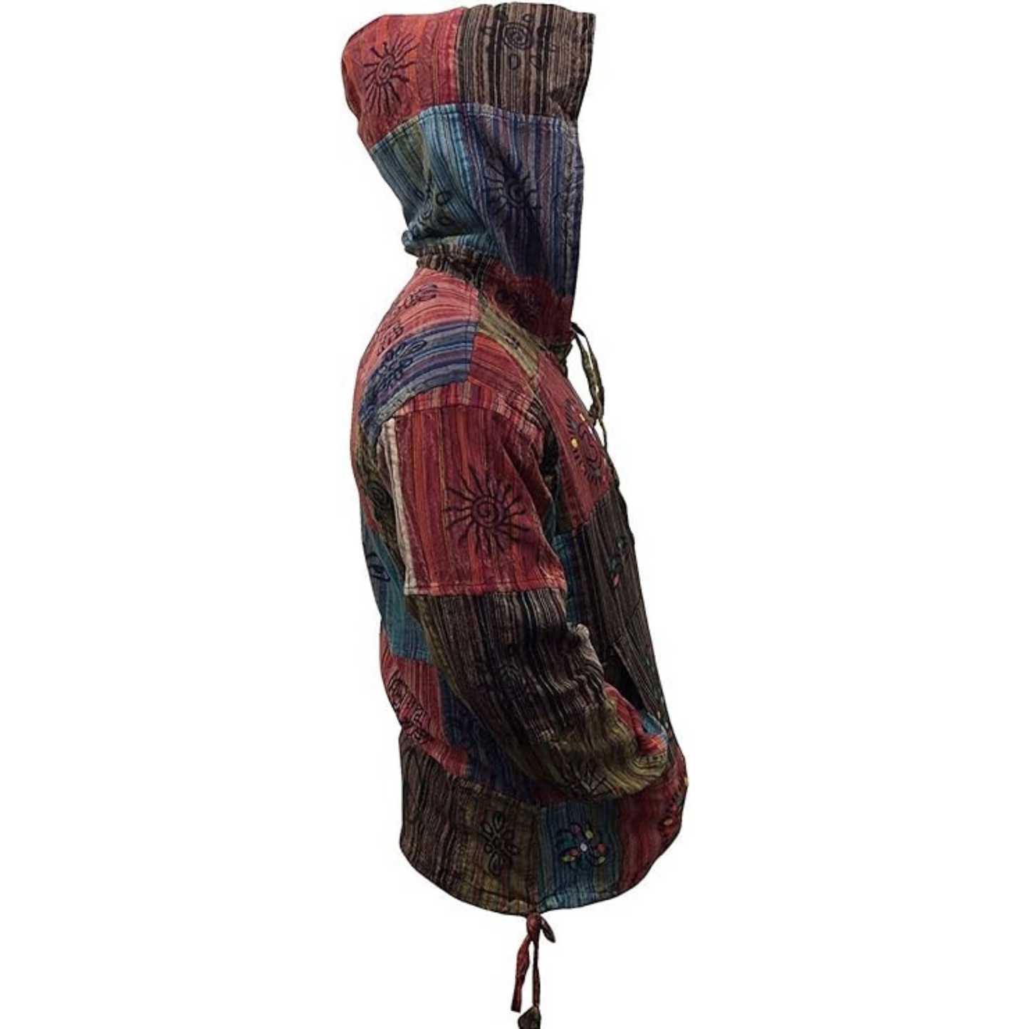 MEN STONEWASHED STRIPE PATCHWORK HIPPY HOODED GRANDAD SHIRT