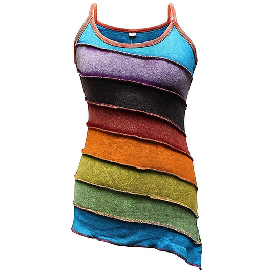 Women Stonewashed Rainbow Striped Cotton Hippie Boho Tank Top