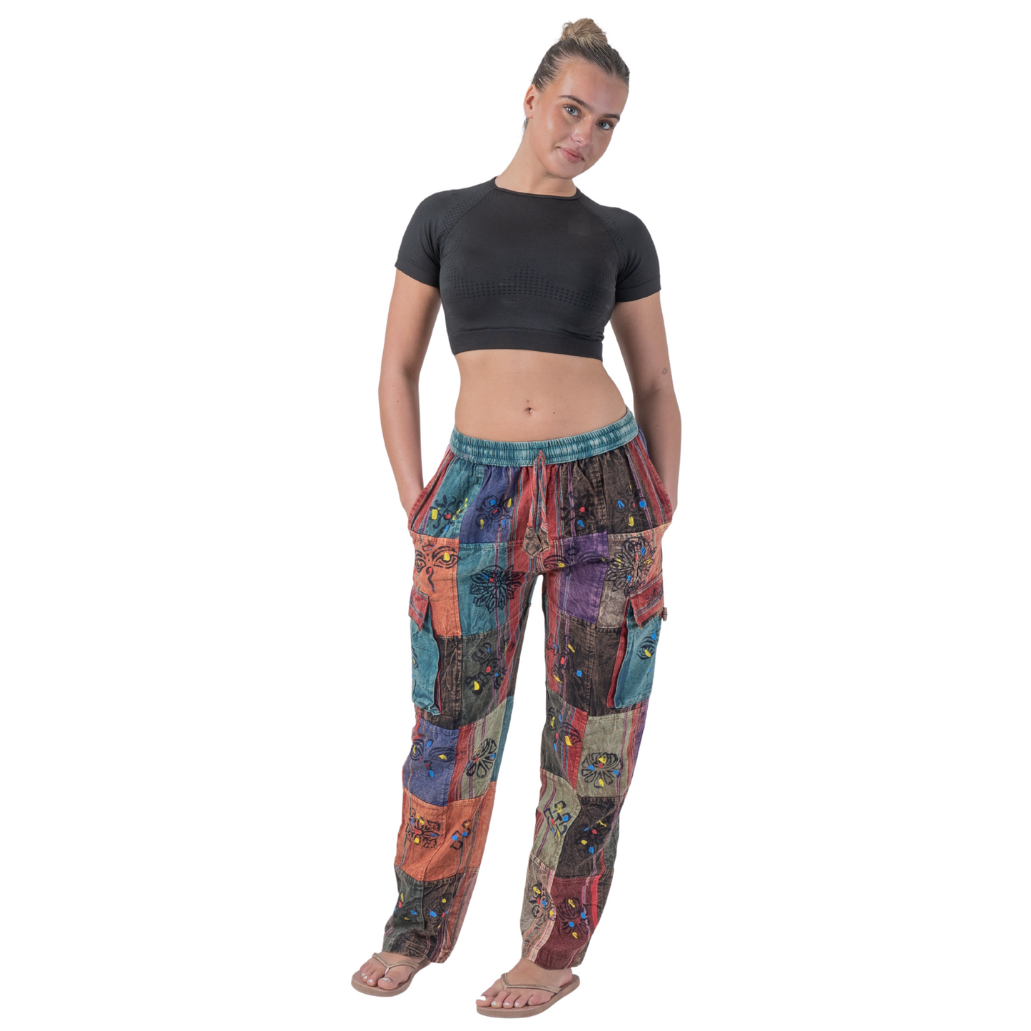 Unisex Hippie Patchwork Cargo Pants Elastic Waist Boho Festival Trousers