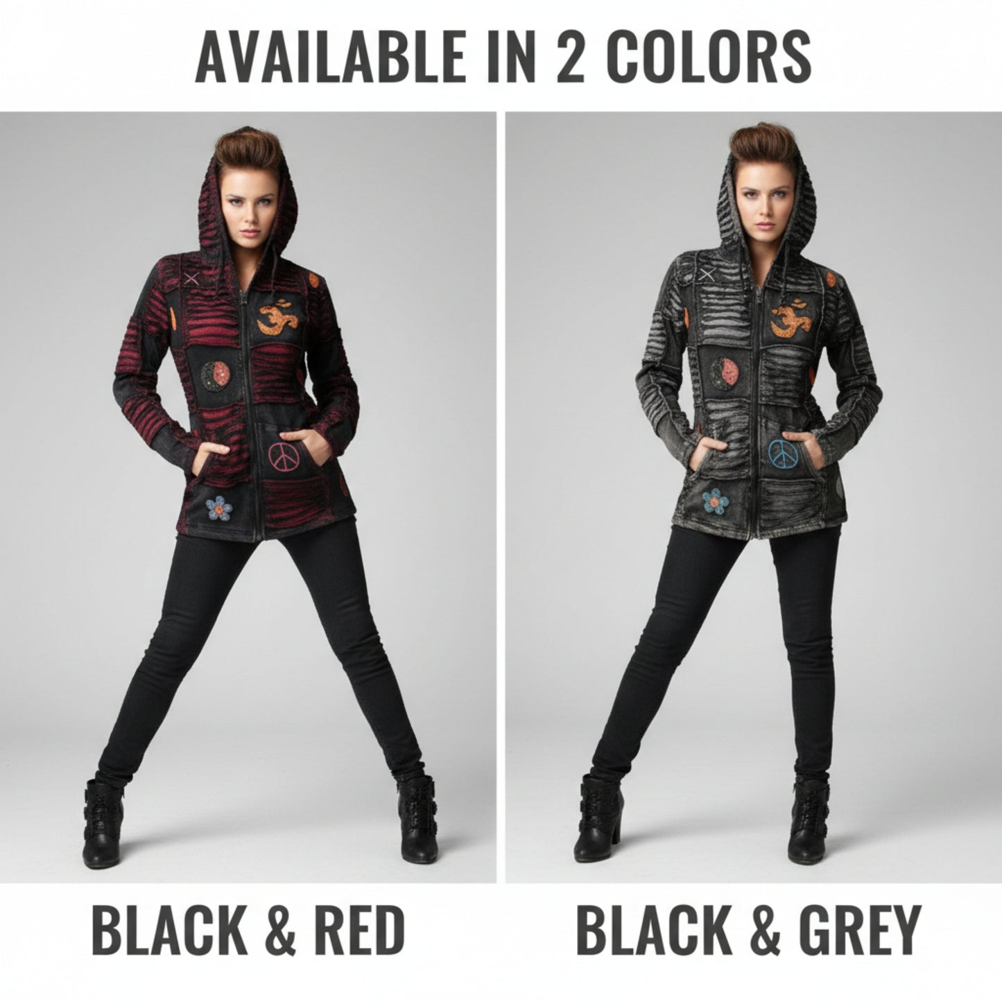 Women Om Peace Pointy Hooded Gothic Style Punk Ladies Ribs Hoodie Outer Jacket