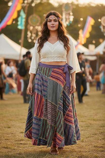 Women Wrap Round Hippie Festival Solid Patchwork Boho Multicoloured Long Skirt