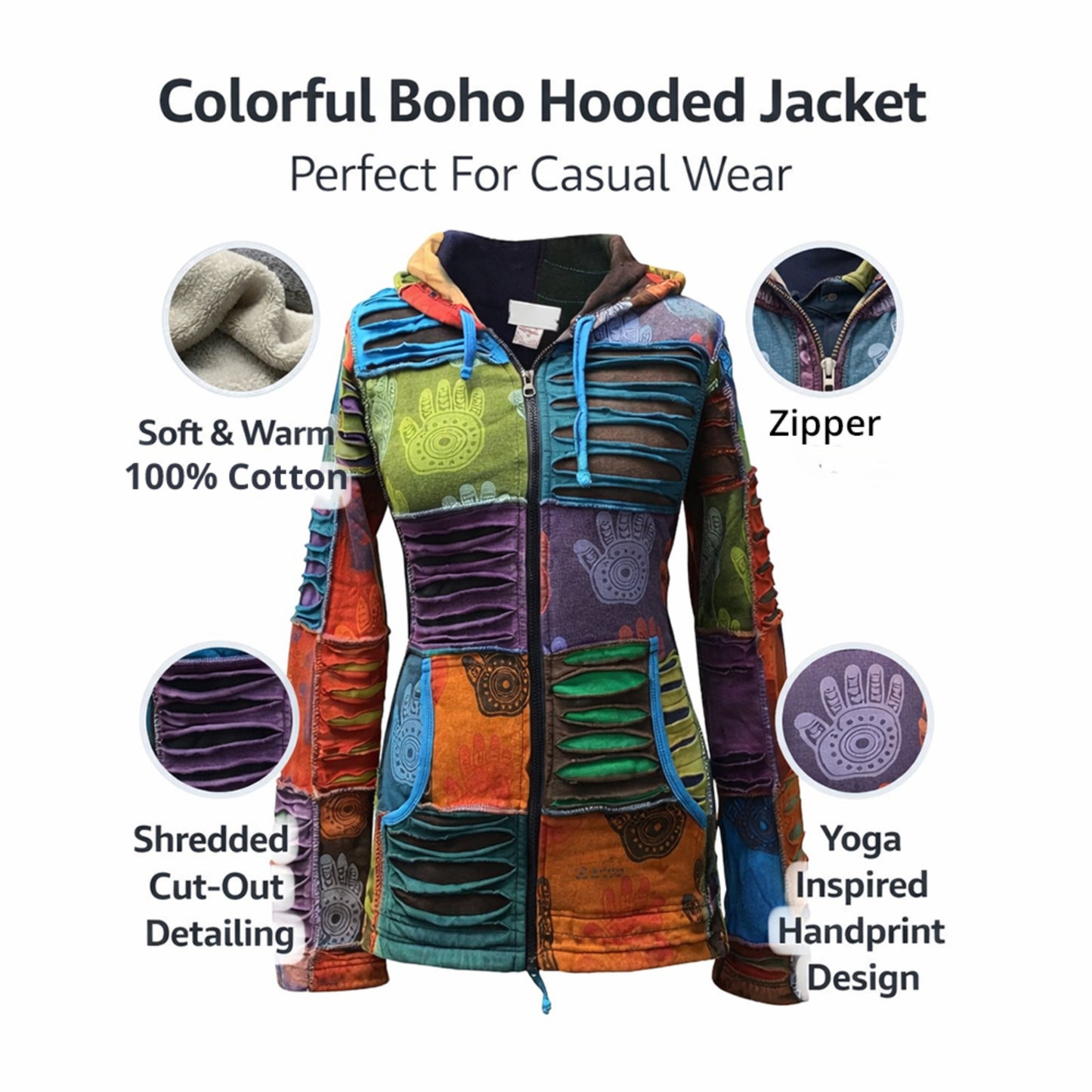Women's Henna Hand Pixie Hippie Rib Comfort Hoodie â?? Boho Zip-Up Hoodie for Women