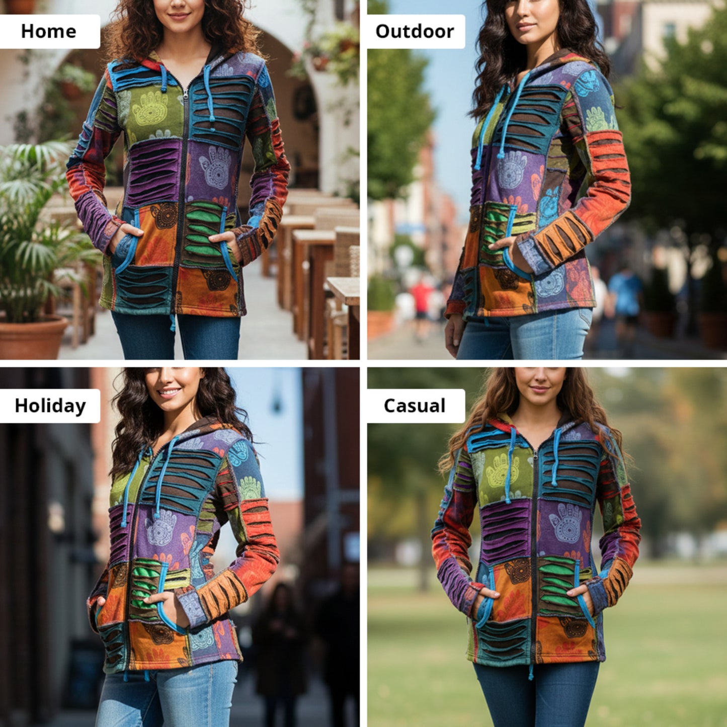 Women's Henna Hand Pixie Hippie Rib Comfort Hoodie â?? Boho Zip-Up Hoodie for Women
