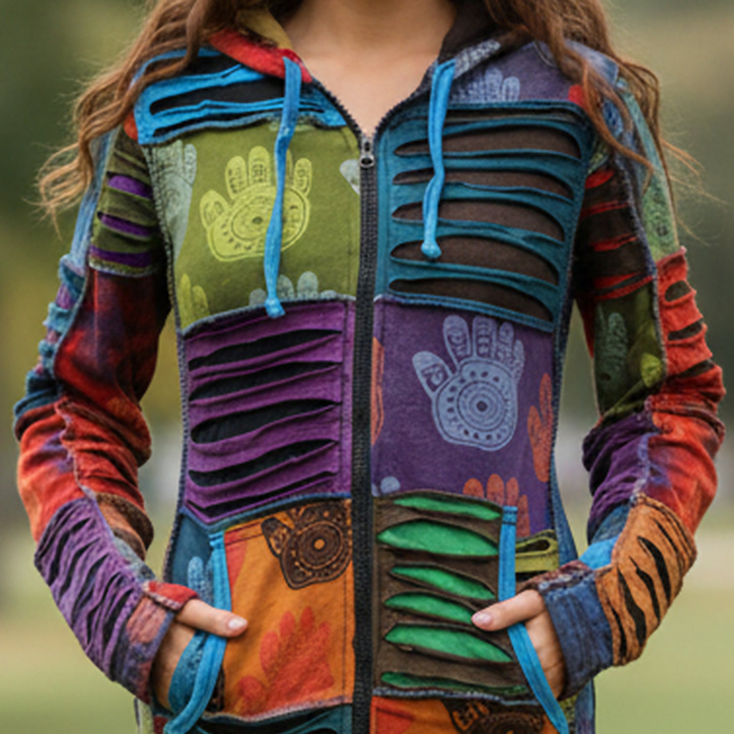 Women's Henna Hand Pixie Hippie Rib Comfort Hoodie â?? Boho Zip-Up Hoodie for Women
