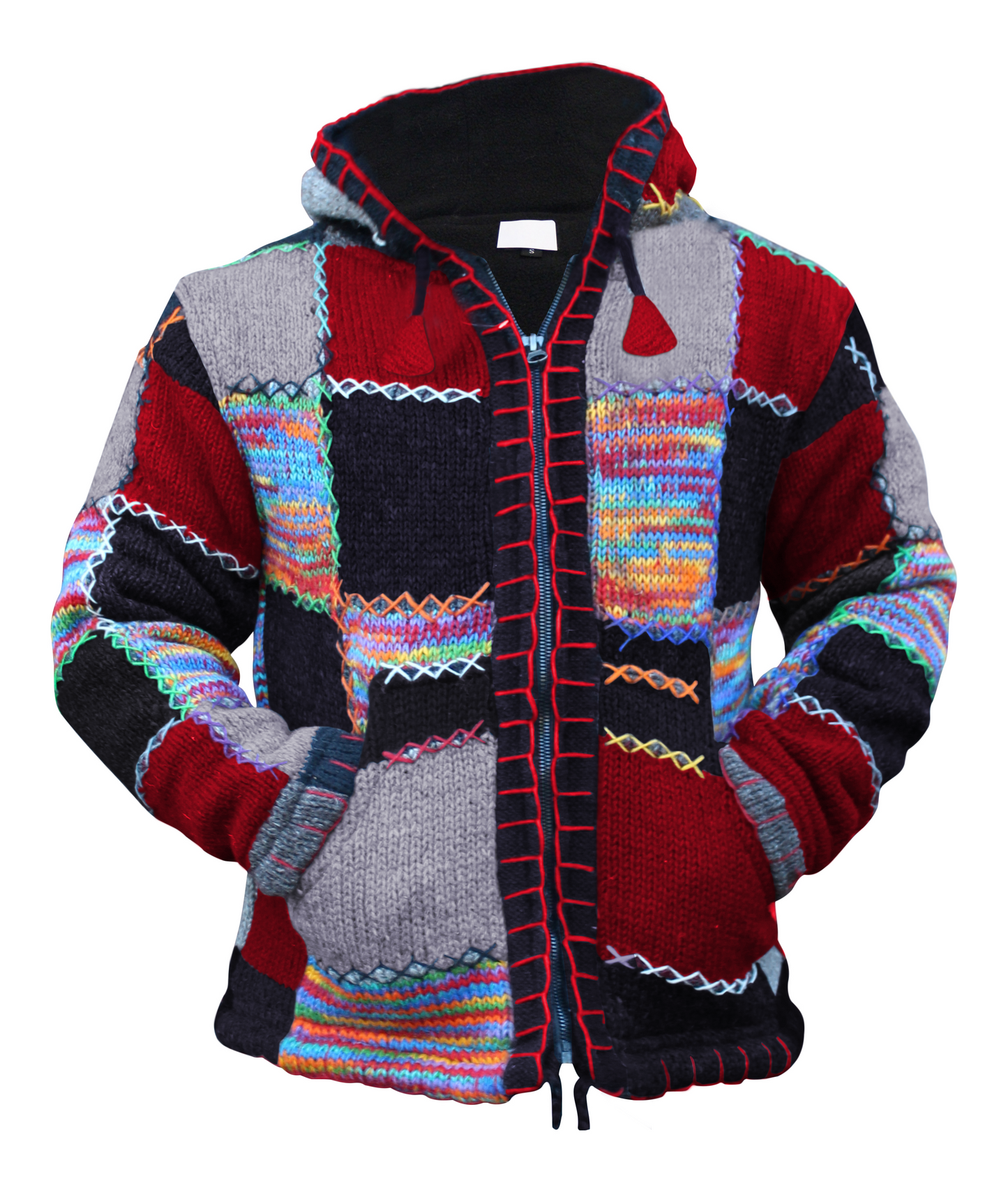 Men Double Knitted Woollen Hippie Hoodie Jacket with Fleece Lining and Vibrant Patchwork