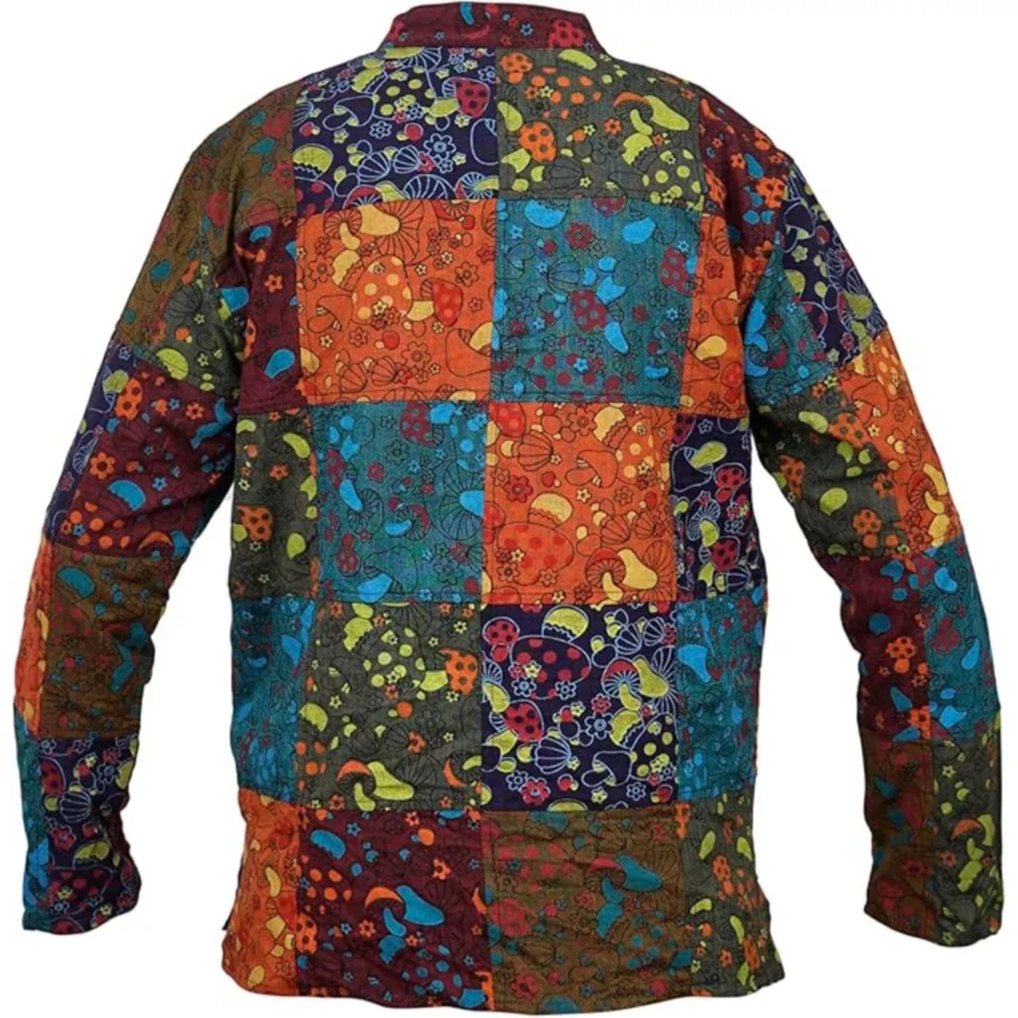 Mens Patchwork Grandad Hippie Shirt Mushroom Print Festival Clothes