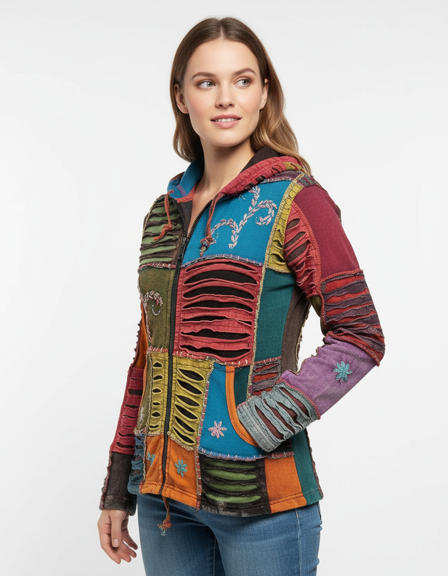 Three-quarter view of model wearing colorful boho patchwork jacket