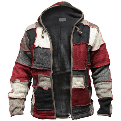 Mens Jacket Handmade Wool Patchwork Winter Fleece Lined Warm Boho Striped Coat