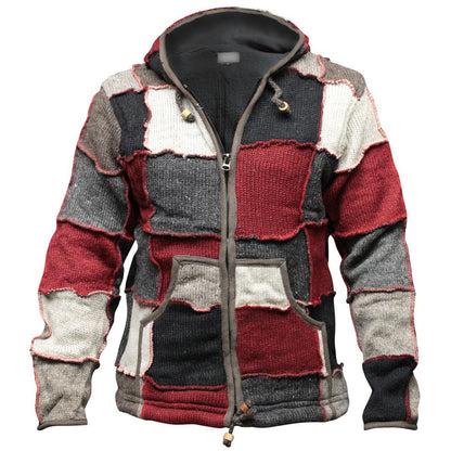 Mens Jacket Handmade Wool Patchwork Winter Fleece Lined Warm Boho Striped Coat