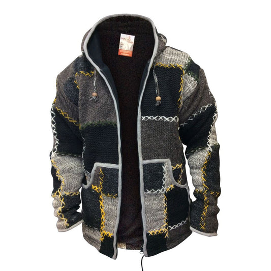 Mens Winter Patch Wool Hippie Jacket, Colourful Hoodie with 2 Pockets and Zipper