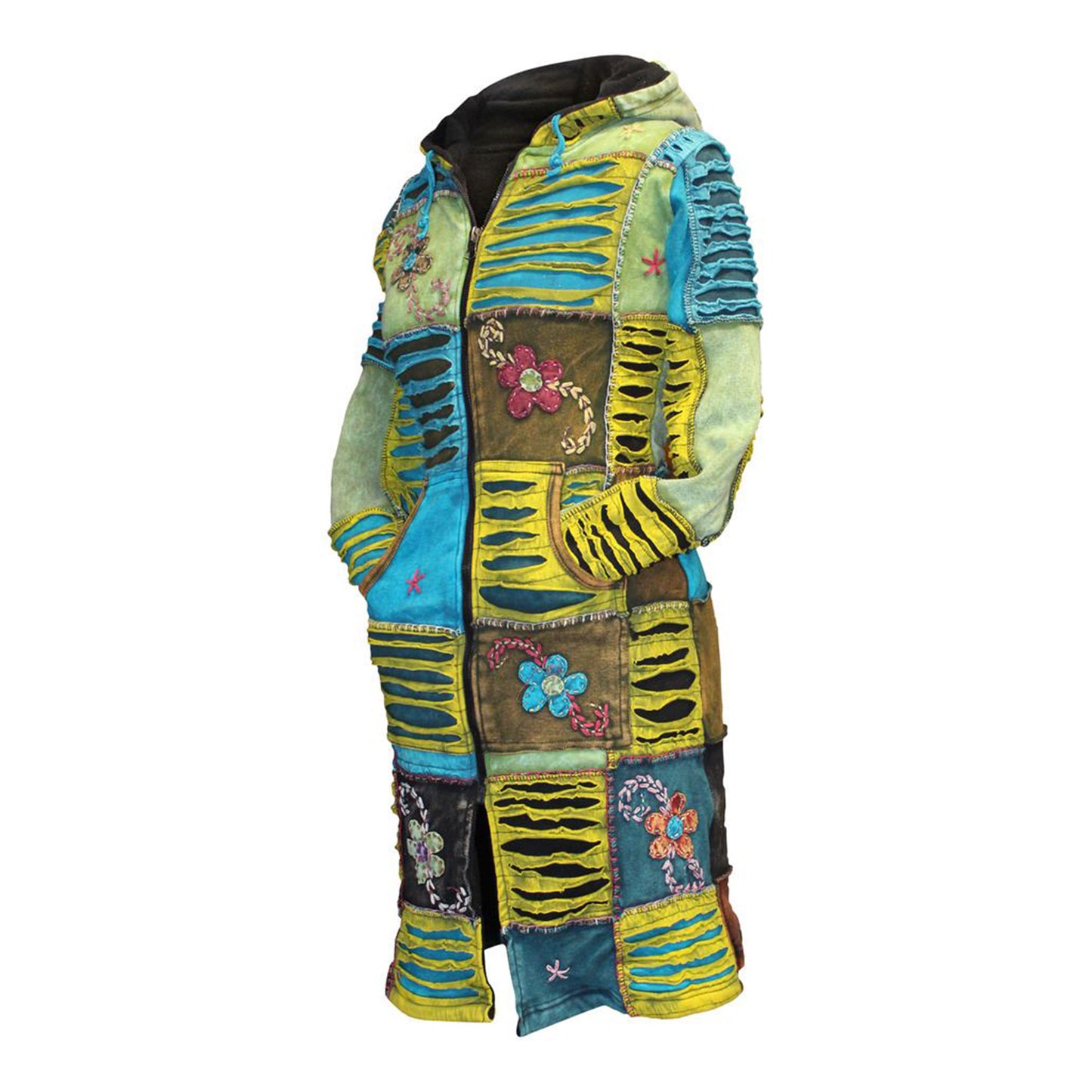 Women's Flower Embroidered Fleece Lined Hippy Jacket Long Over Coat