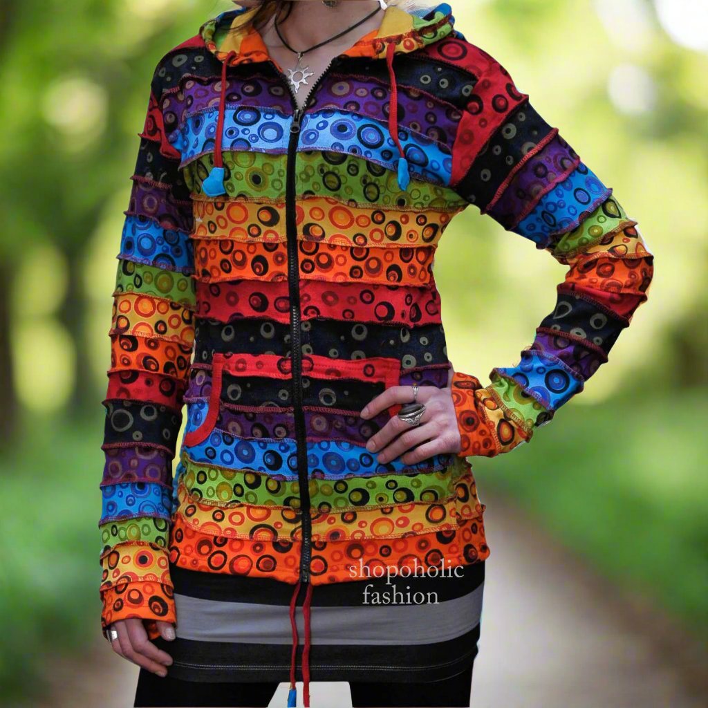 Women's Rainbow Multicoloured Bubble Print Cotton Hippie Hoodie Jacket