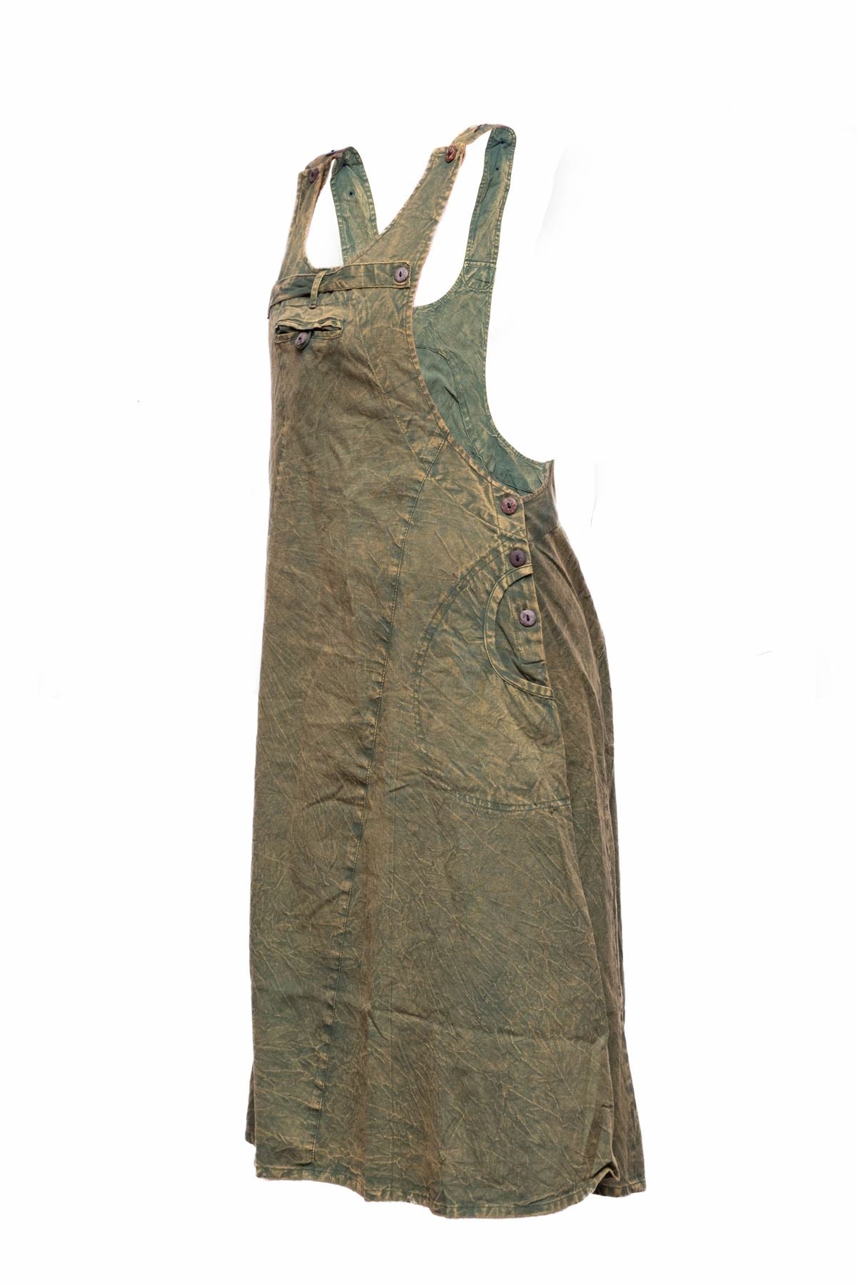 These 100% cotton, stonewashed pinafore dress is a classic design in an everyday styles that work anywhere and is very comfortable and stylish. It features 2 deep pockets and are a regular fit and comfortable to the body. They are very versatile, functional, and comfortable to wear. This lightweight breathable and comfortable pinafore dress with soft fabric can be layered with leggings and long sleeve tops for extra warmth. Available in Green, Orange, Black, Brown