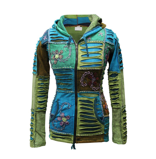 Women Flower Embroidery Razor Cut Pixie Hooded Jacket