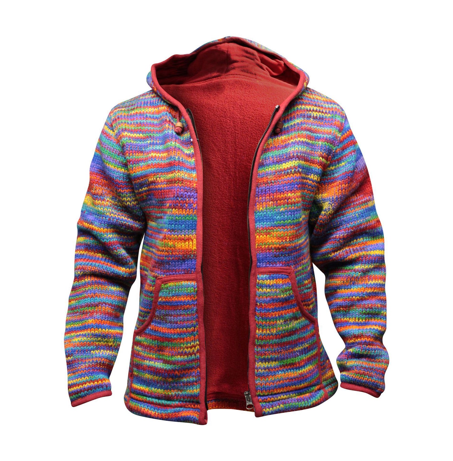 Tie Dye Hooded Wool Jacket, Fleece Lined Long Sleeve Full Zip Hoodie Hippie Sweater for Men