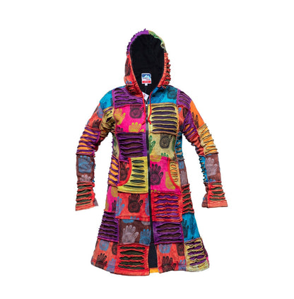 Women's Razor Cut Pixie Hooded Patchwork Henna Hand Print Full Zip Long Coat