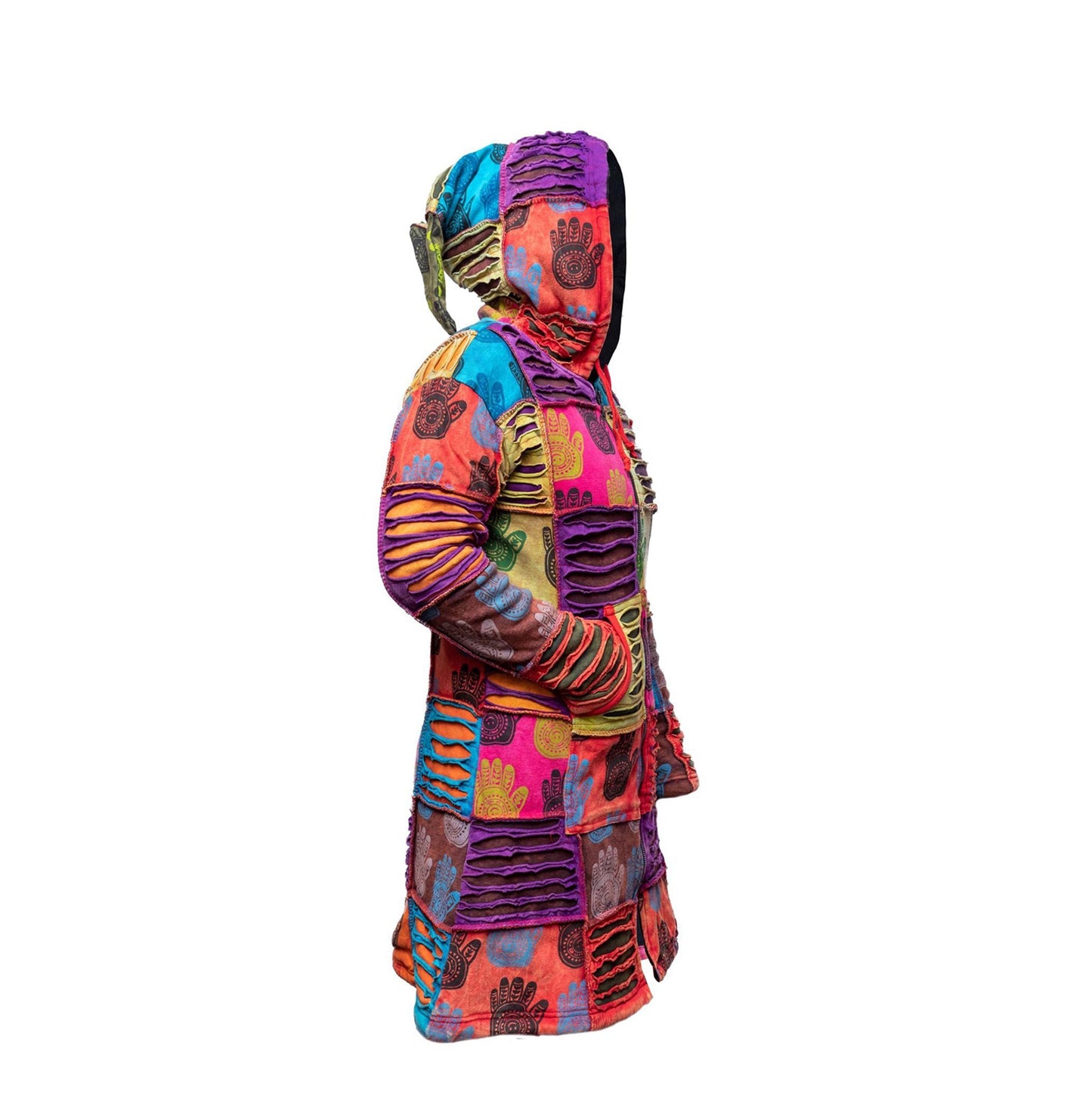Women's Razor Cut Pixie Hooded Patchwork Henna Hand Print Full Zip Long Coat