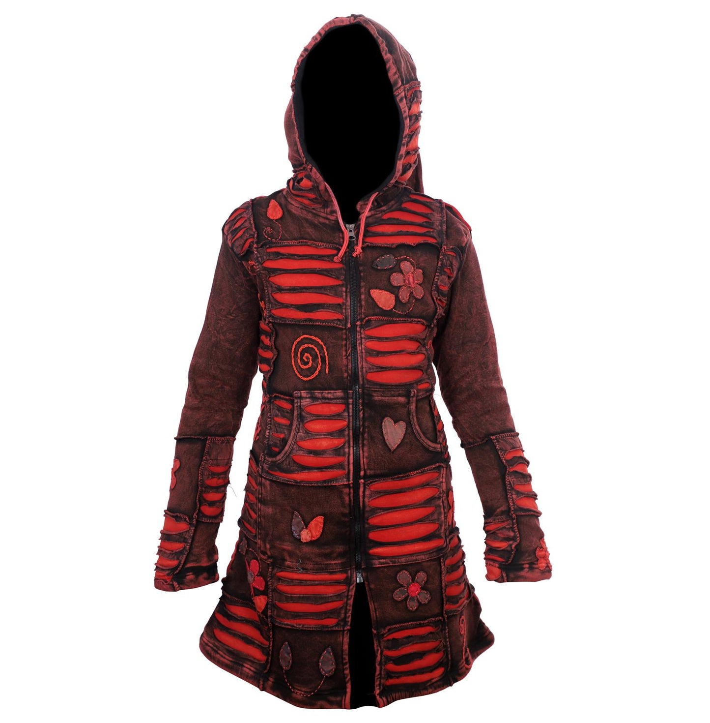 Women's Razor Cut Floral Jacket Acidwashed Red Knee Length Hippie Long Coat Zip Up Hoodie