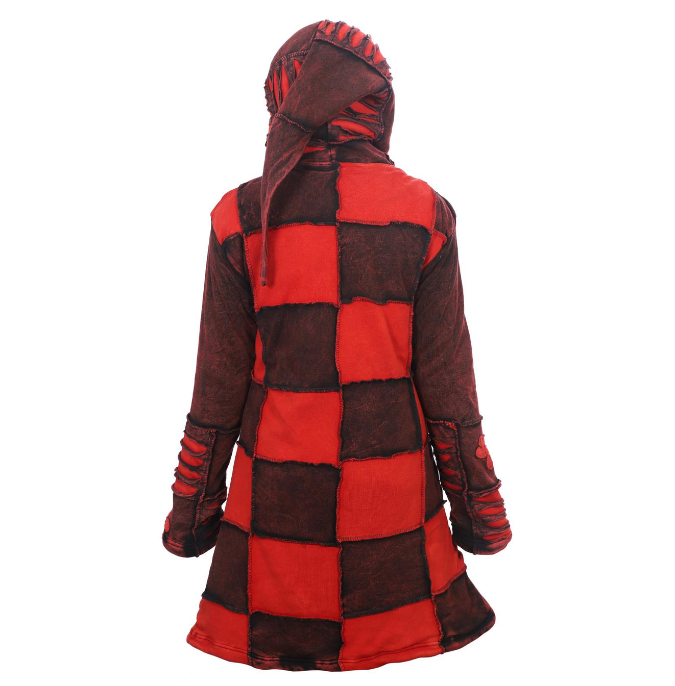 Women's Razor Cut Floral Jacket Acidwashed Red Knee Length Hippie Long Coat Zip Up Hoodie