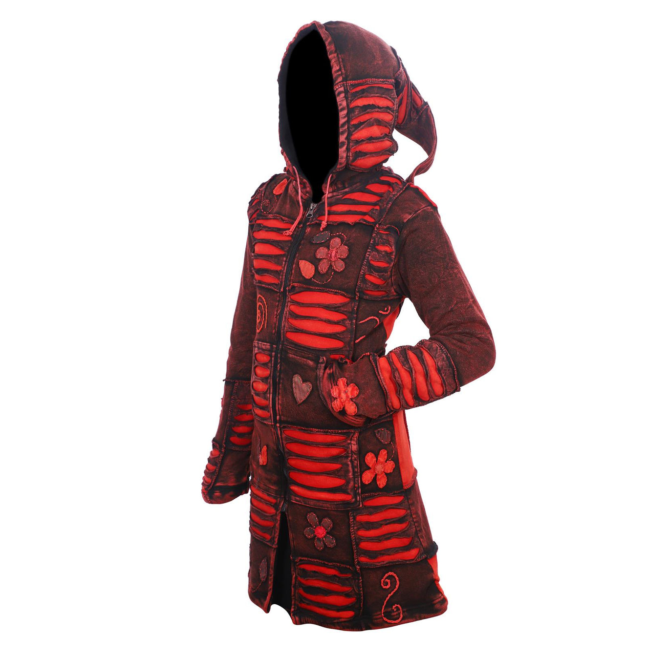 Women's Razor Cut Floral Jacket Acidwashed Red Knee Length Hippie Long Coat Zip Up Hoodie