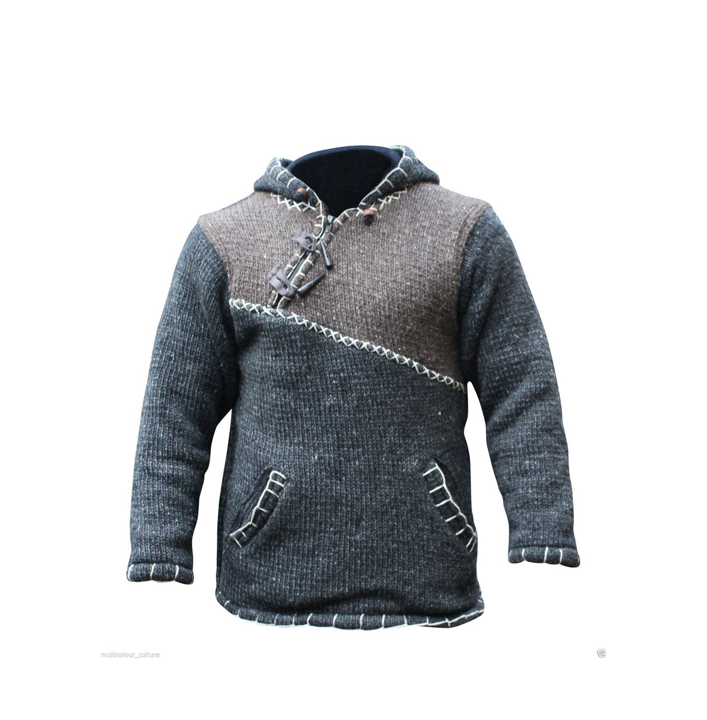 Men's Cross Zipped Fleece Lined Pullover Hippy Boho Festival Woollen Hoodie